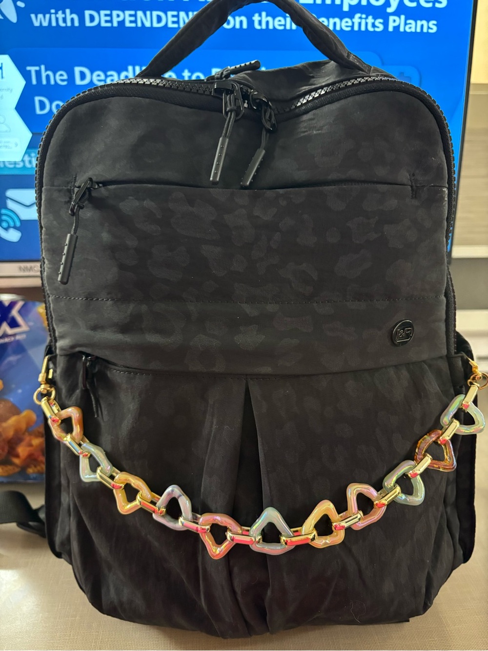 Black Women's Backpack with Iridescent Chain Accent